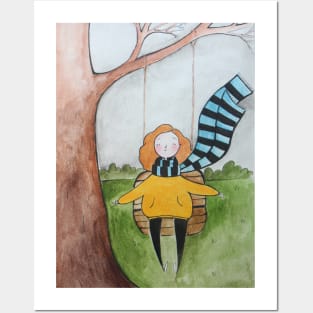 Girl on a swing in autumn Posters and Art